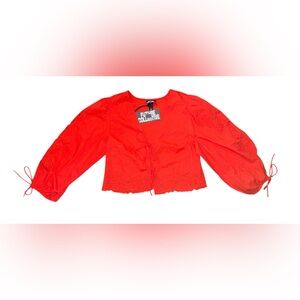 Women's Long Sleeve Eyelet Tie-Front Poplin Blouse Future Collective Small Red
